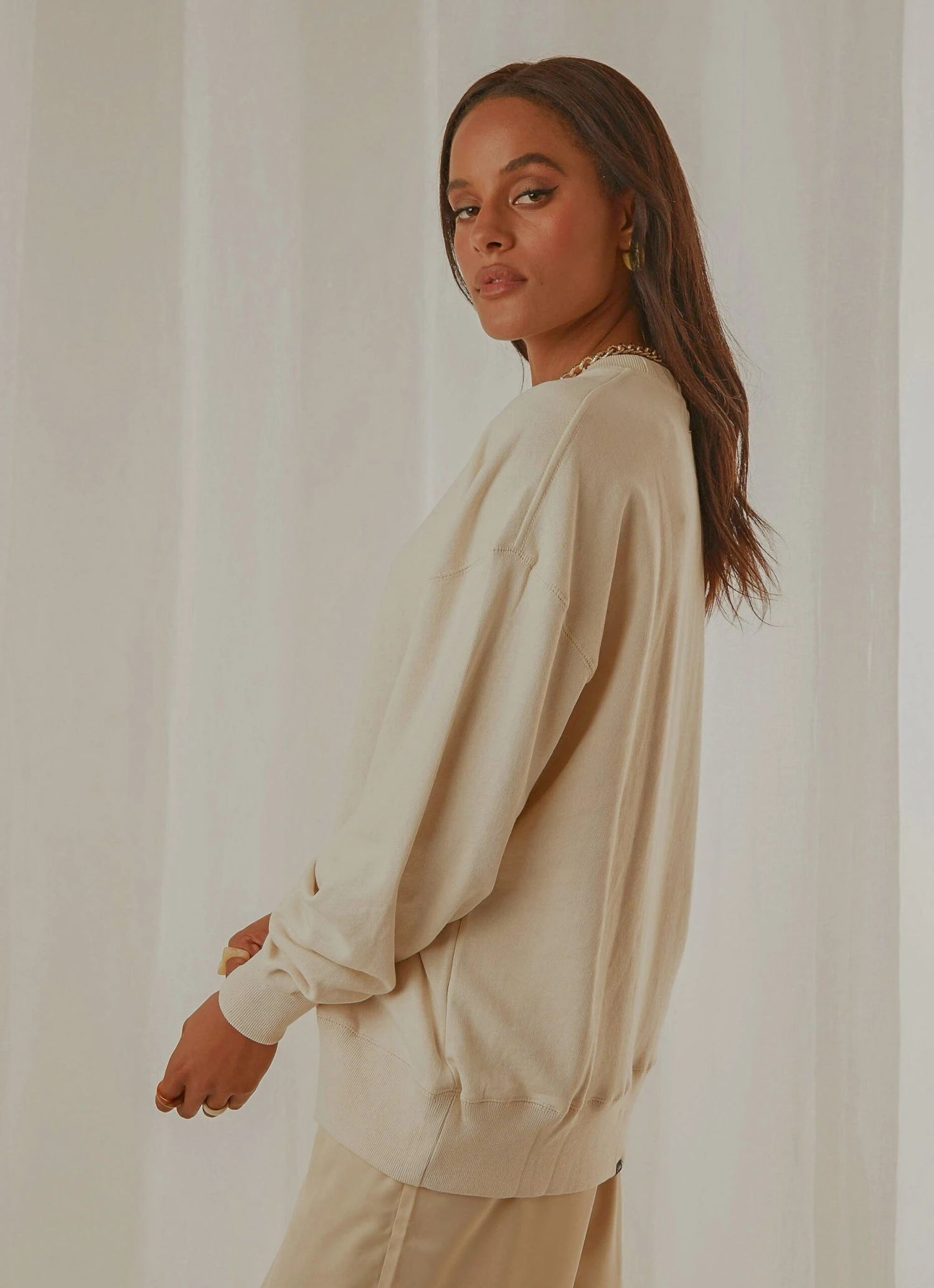 Tonal Stacked Thrills Company Slouch Fit Crew - Unbleached 4 Tonal Stacked Thrills Company Slouch Fit Crew - Unbleached - Image 4