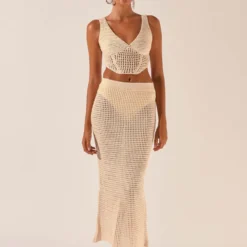 Road Trips To The Coast Crochet Midi Skirt - Seashell