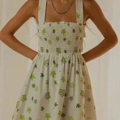 European Towns Linen Mini Dress - Green Wild Poppies