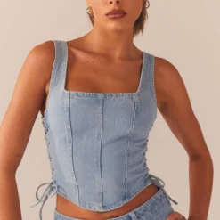 Giddy Up Denim Bustier Top - Subdued Blue