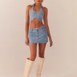 Giddy Up Denim Mini Skirt - Subdued Blue