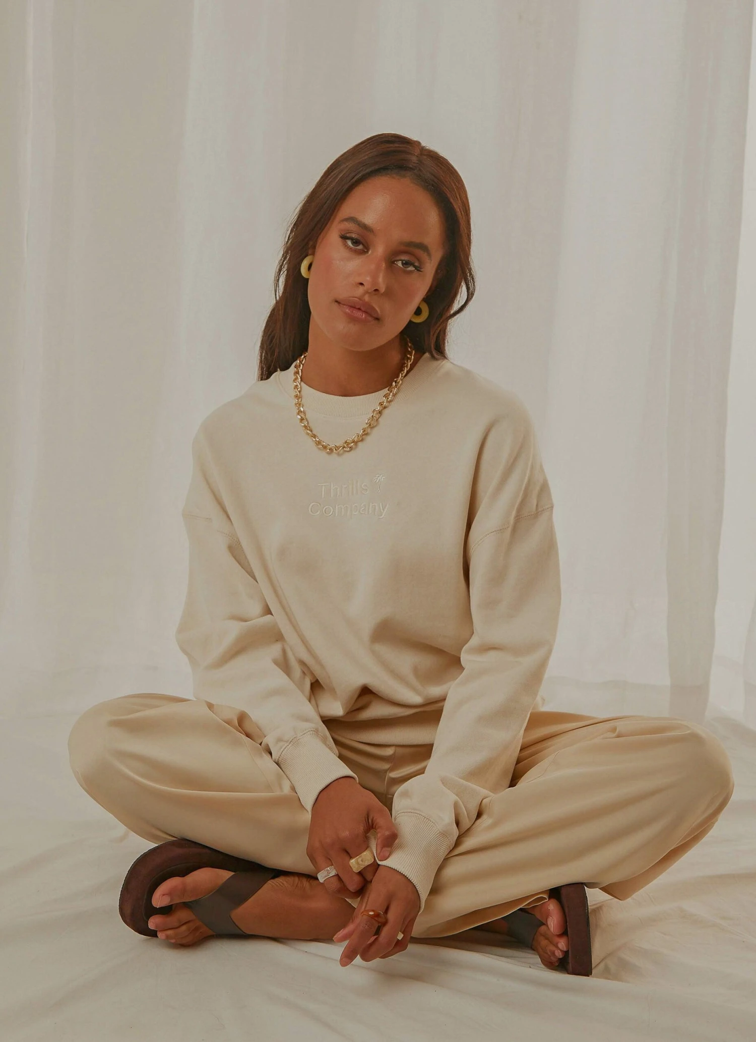 Tonal Stacked Thrills Company Slouch Fit Crew - Unbleached 2 Tonal Stacked Thrills Company Slouch Fit Crew - Unbleached - Image 2