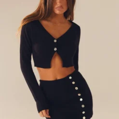 Roselle Knit Button Skirt - Black