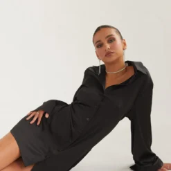 Draped In Bliss Satin Shirt Dress - Shadow