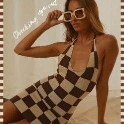 The Groove Knit Halter Dress - Choc Check