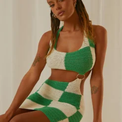 Jet Set Crochet Mini Dress - Green Check