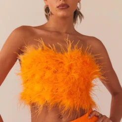 The Night Is Ours Feather Crop Top - Tangerine
