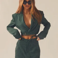 Pursuit Of Happiness Cropped Blazer - Green Pinstripe