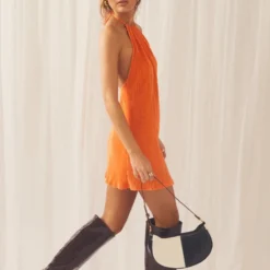 Love From Europe Halter Plisse Dress - Tangerine