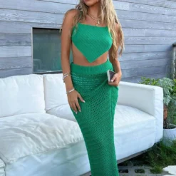 Free Time Crochet Maxi Skirt - Green